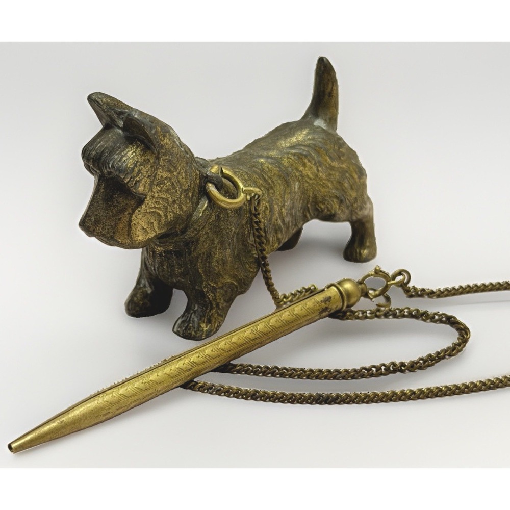 VTG Metal Scottie Dog Paperweight Mechanical Pencil Holder Leash Japan MCM Retro